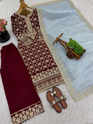 Designer Party Wear Look Top-Plazzo and Dupatta With Heavy Embroidery Work 3 piece 