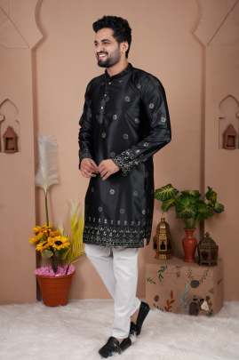  MALAI SILK WITH HEAVY EMBROIDERY SEQUENCE WORK KURTA Mens Kurta With Payjama