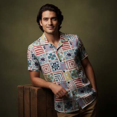 MENS FANCY PRINTED CUBAN COLLAR SHIRT Mens Shirt