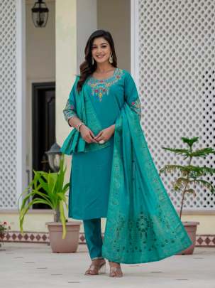 Premium Roman Silk Kurti Pent Dupatta Set Cord Set